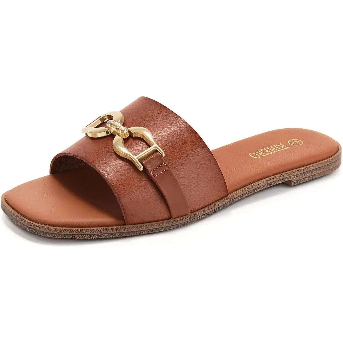 Women's woven slide sandals with decorative buckle accent – Brown