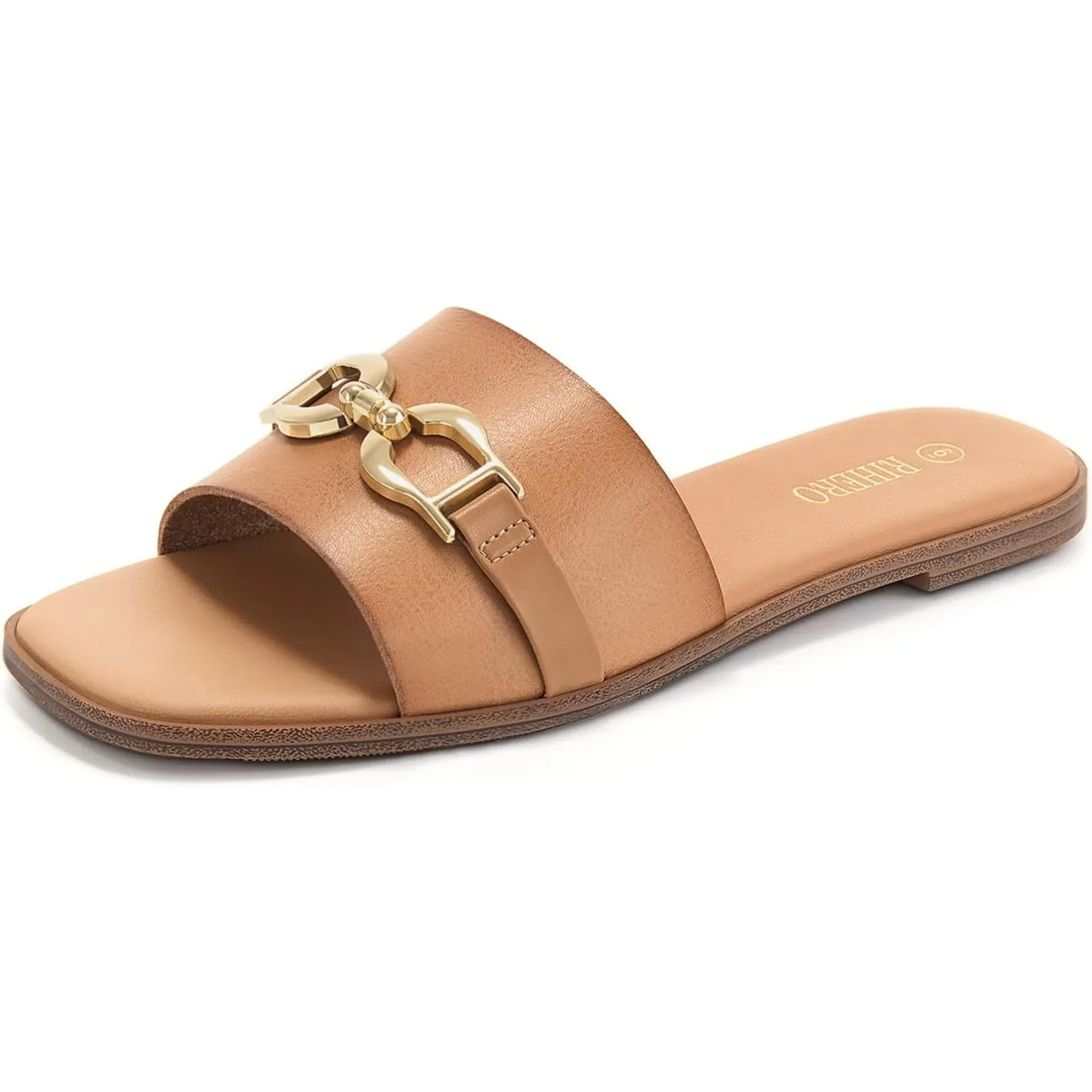 Women's woven slide sandals with decorative buckle accent – Camel