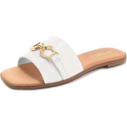 Women's woven slide sandals with decorative buckle accent – White