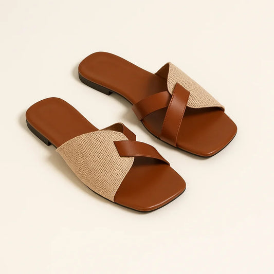 Women's woven faux leather square-toe slides with criss-cross straps – Brown