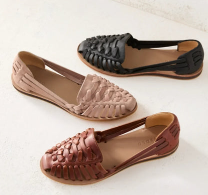 Women's woven leather flat sandals with closed-toe d'orsay cutouts