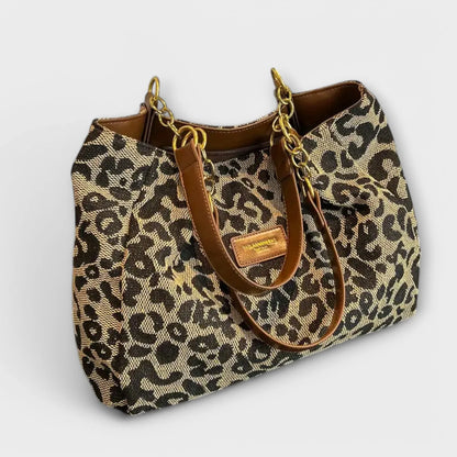 Women's woven leopard print shoulder bag with faux-leather chain handles – Leopard