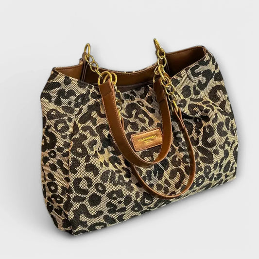 Women's woven leopard print shoulder bag with faux-leather chain handles – Leopard