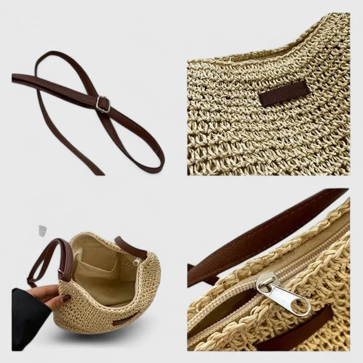 Women's woven straw hobo shoulder bag with adjustable faux-leather strap