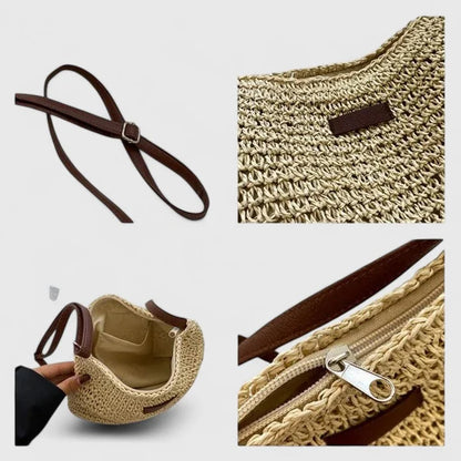 Women's woven straw hobo shoulder bag with adjustable faux-leather strap