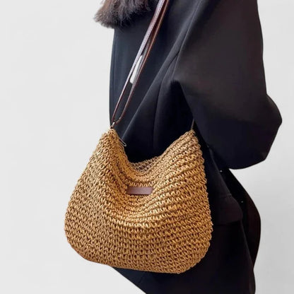 Women's woven straw hobo shoulder bag with adjustable faux-leather strap – Khaki