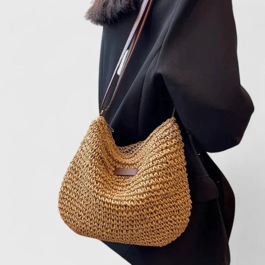 Women's woven straw hobo shoulder bag with adjustable faux-leather strap – Khaki
