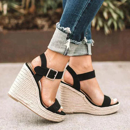 Women's woven wedge open-toe sandals with adjustable buckle ankle strap – Black