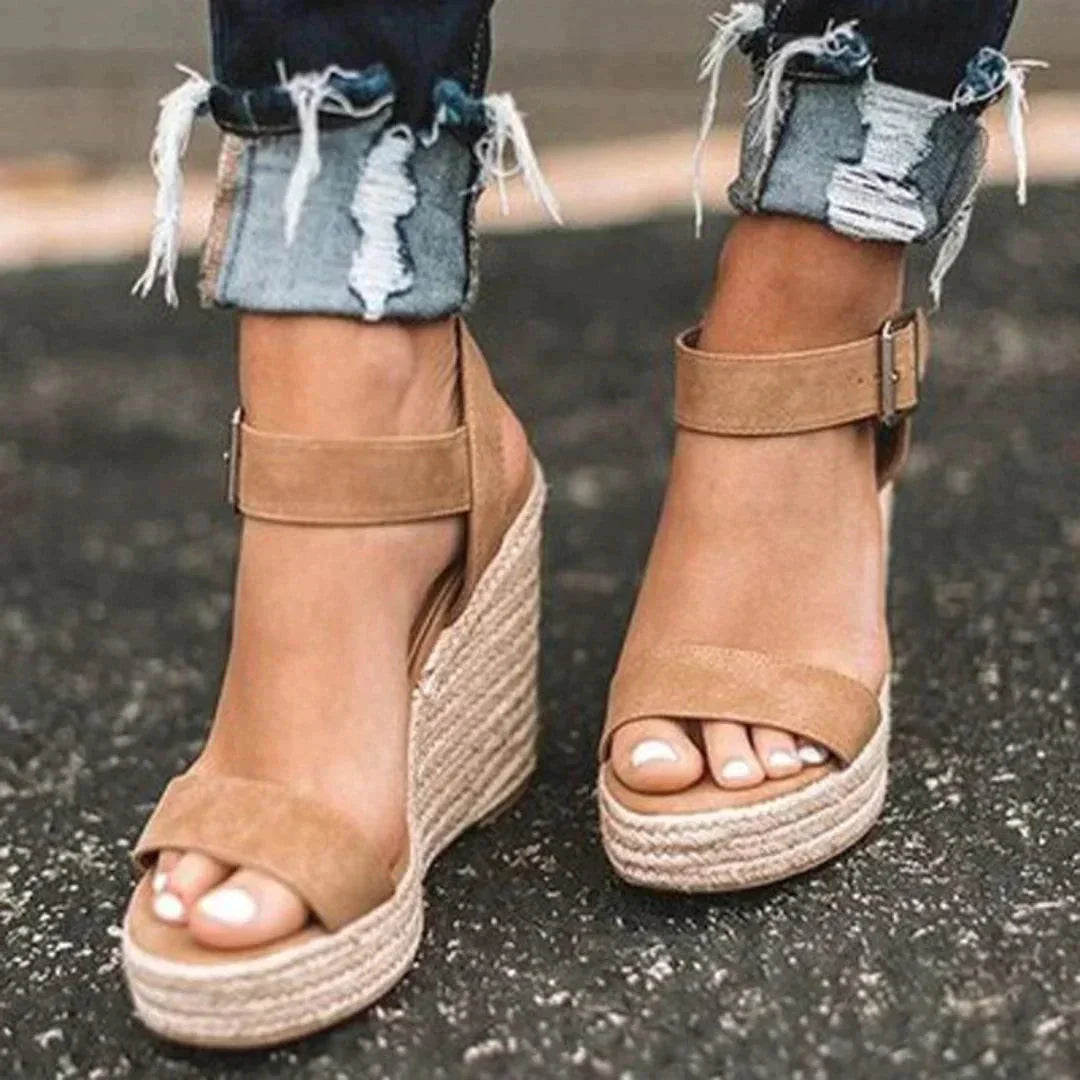 Women's woven wedge open-toe sandals with adjustable buckle ankle strap – Brown