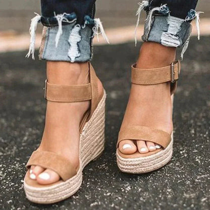 Women's woven wedge open-toe sandals with adjustable buckle ankle strap – Brown