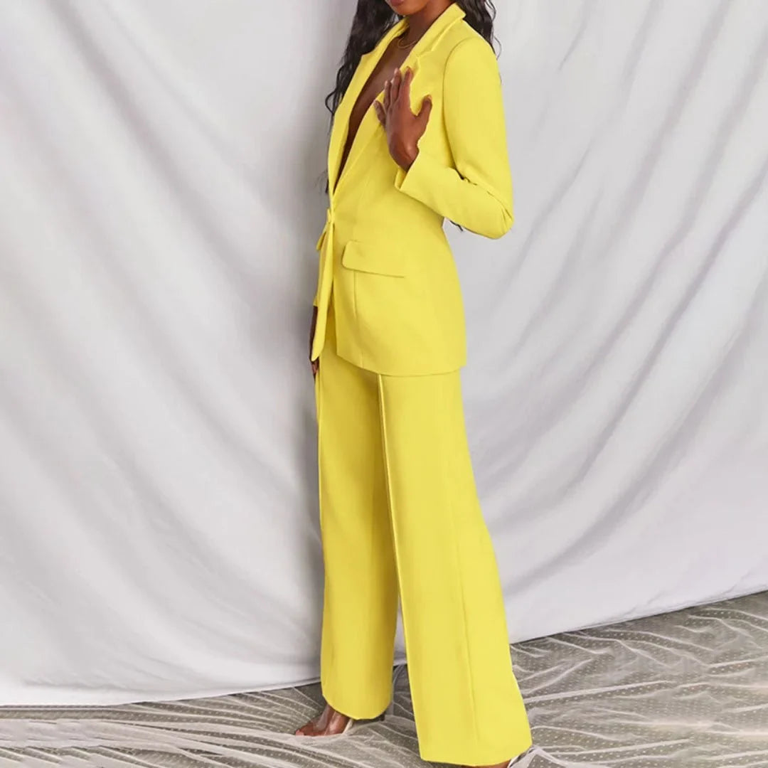 Women's single-button blazer and wide-leg trousers set perfect with a denim jacket
