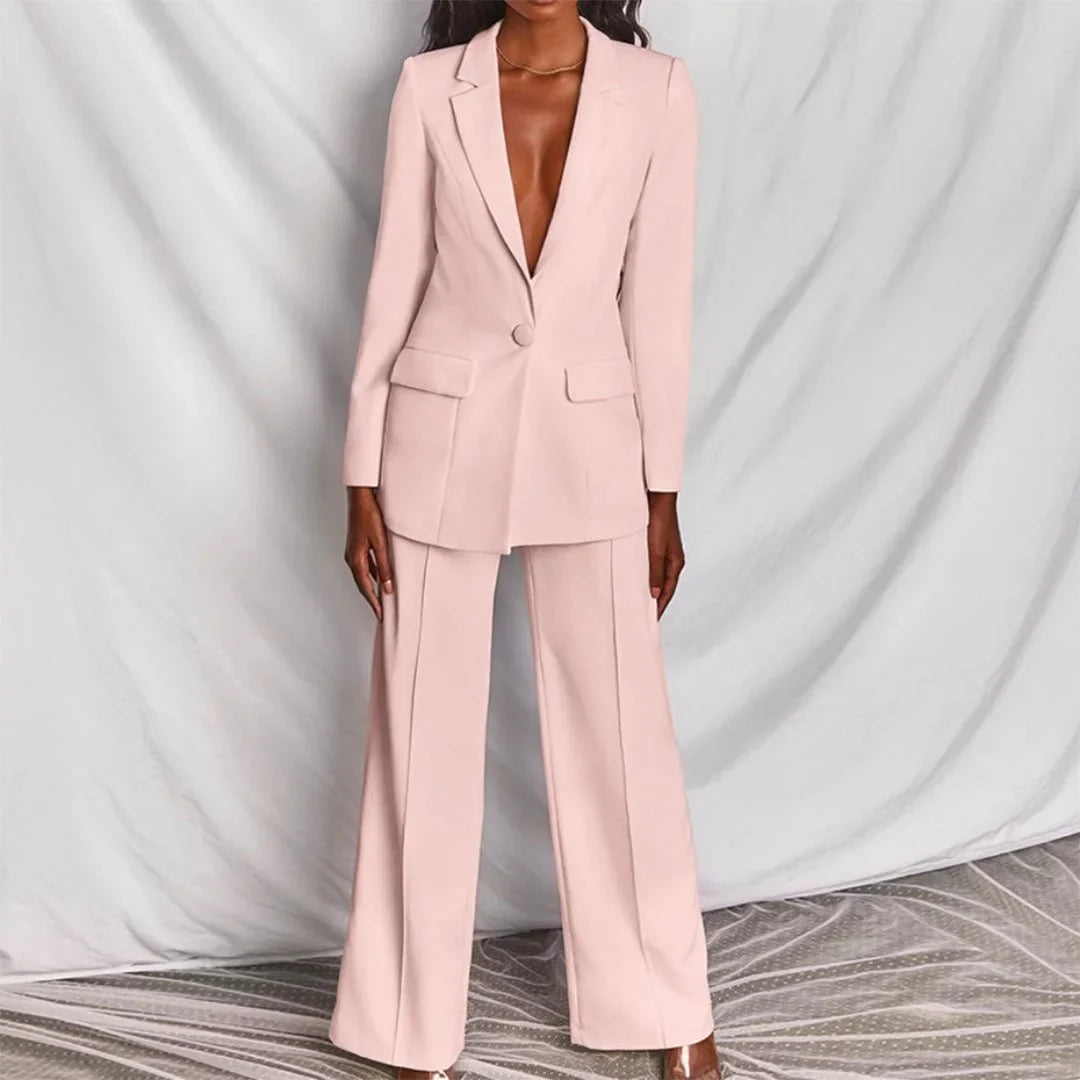 Women's single-button blazer and wide-leg trousers set perfect with a denim jacket