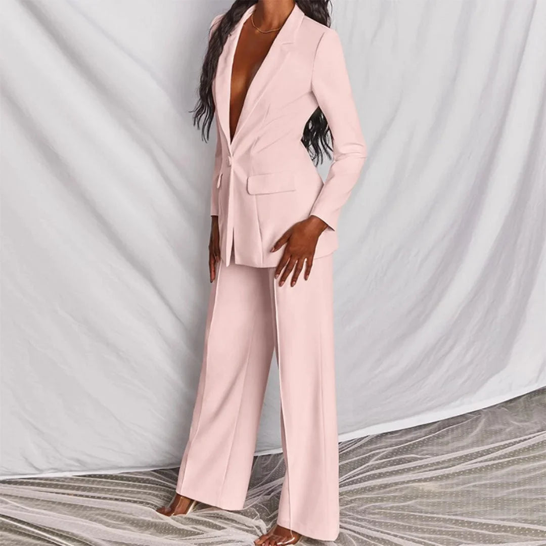 Women's single-button blazer and wide-leg trousers set perfect with a denim jacket