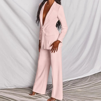 Women's single-button blazer and wide-leg trousers set perfect with a denim jacket