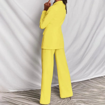 Women's single-button blazer and wide-leg trousers set perfect with a denim jacket