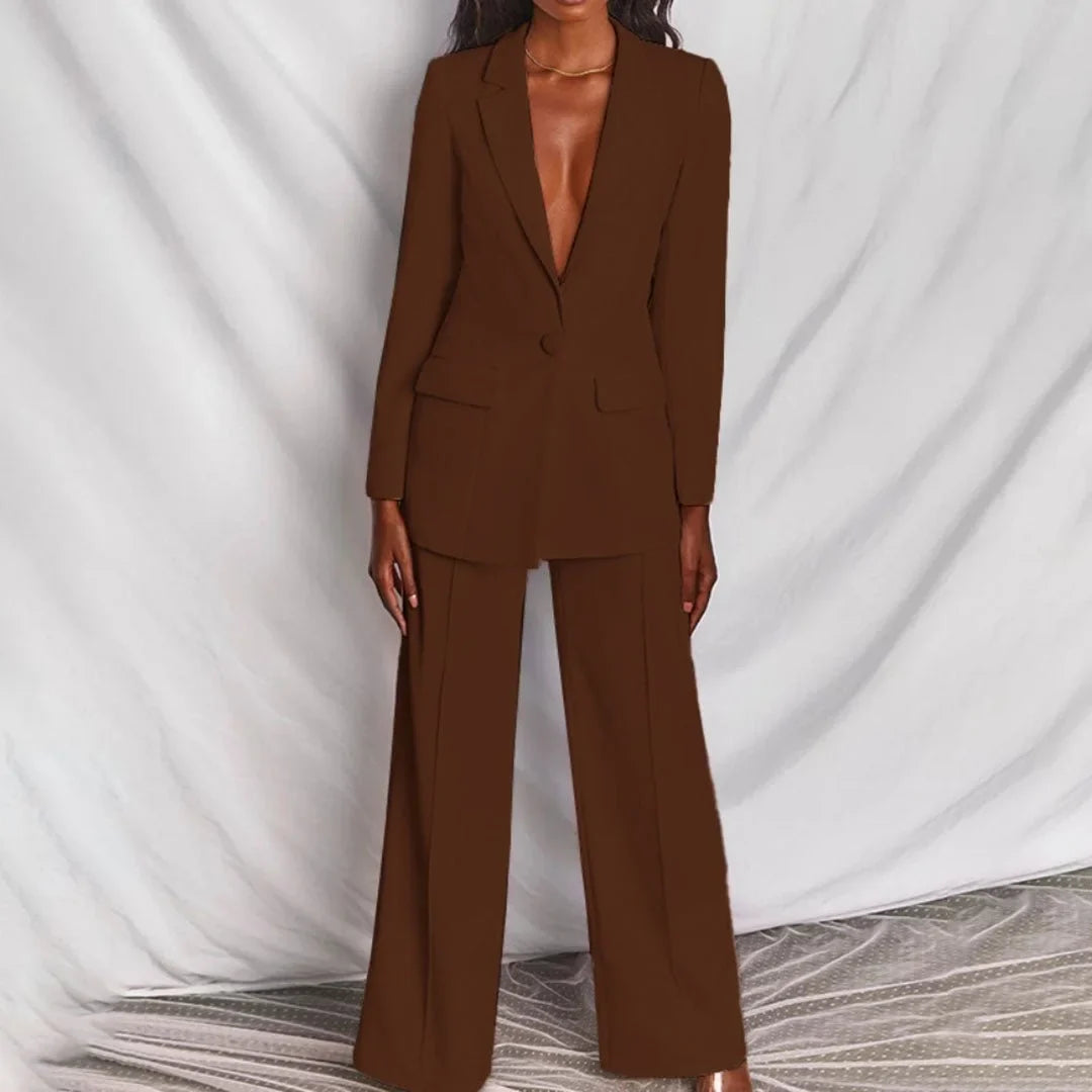 Women's single-button blazer and wide-leg trousers set perfect with a denim jacket