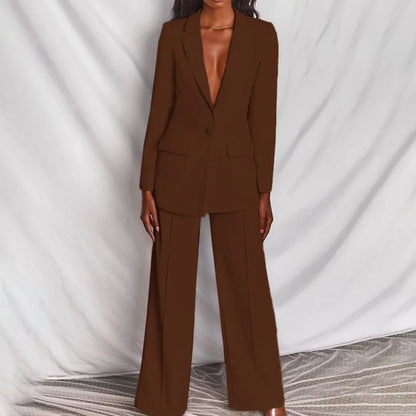 Women's single-button blazer and wide-leg trousers set perfect with a denim jacket