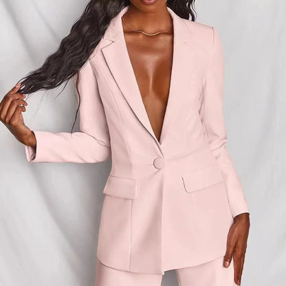 Women's single-button blazer and wide-leg trousers set perfect with a denim jacket