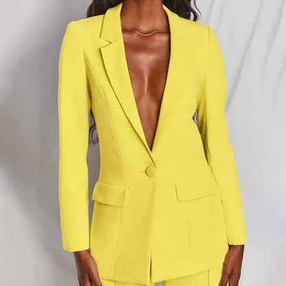 Women's single-button blazer and wide-leg trousers set perfect with a denim jacket