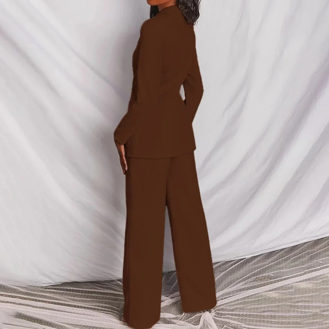 Women's single-button blazer and wide-leg trousers set perfect with a denim jacket