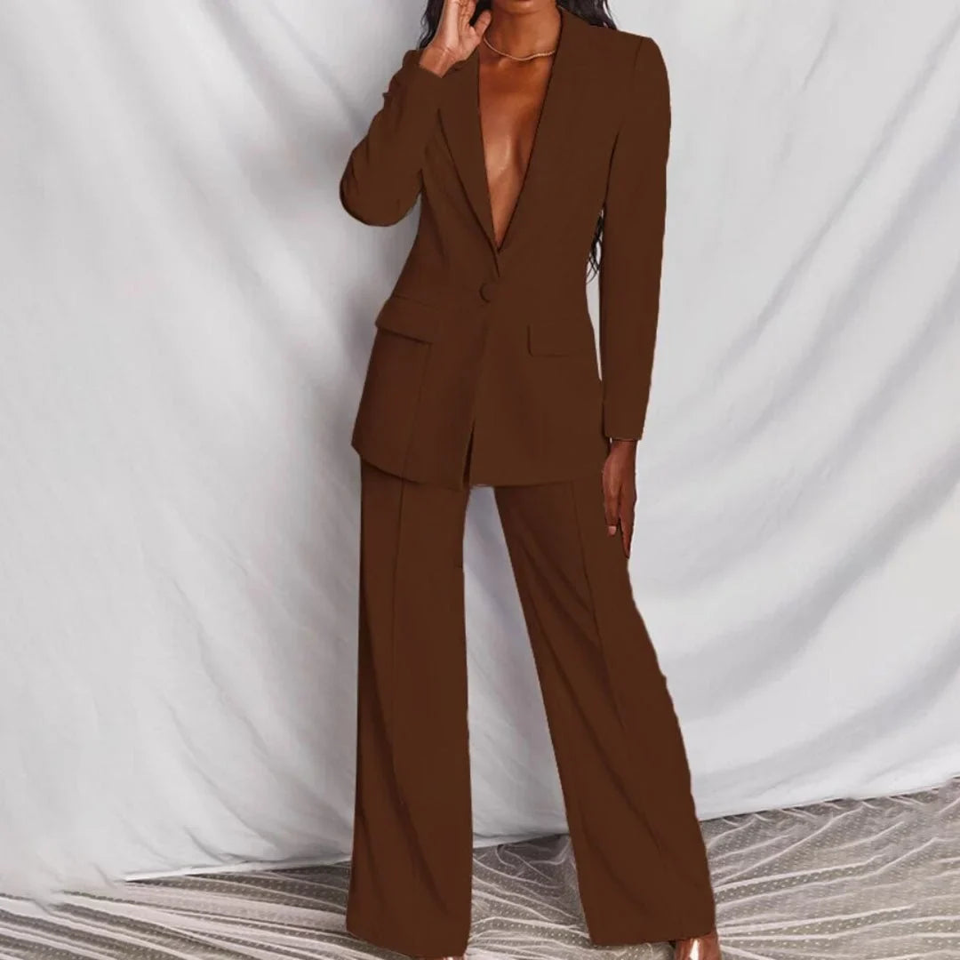 Women's single-button blazer and wide-leg trousers set perfect with a denim jacket – Coffe
