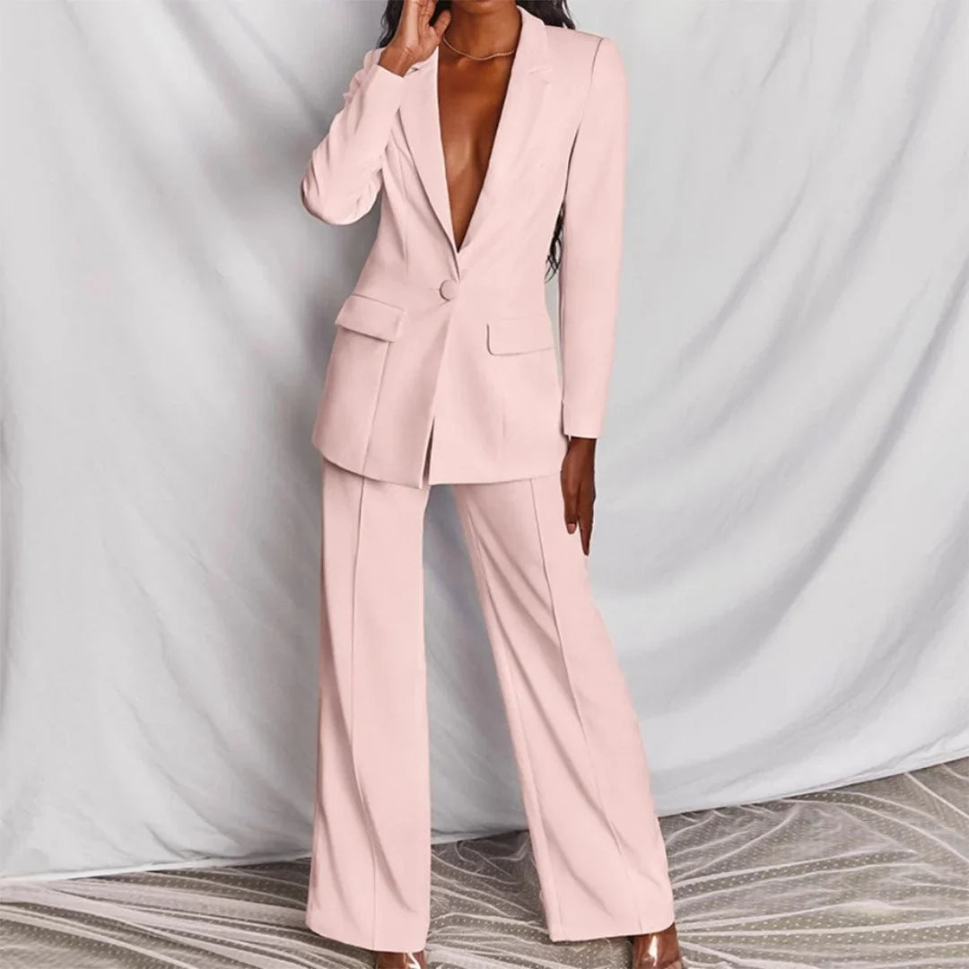 Women's single-button blazer and wide-leg trousers set perfect with a denim jacket – Light pink