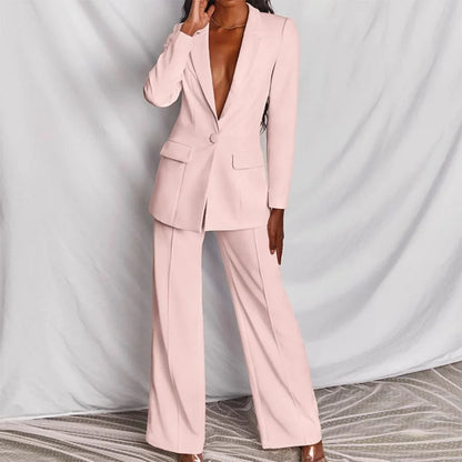 Women's single-button blazer and wide-leg trousers set perfect with a denim jacket – Light pink