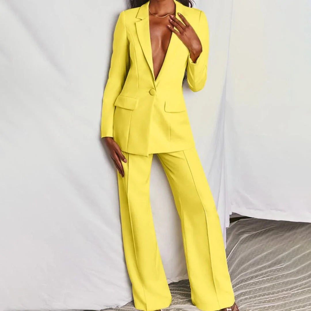 Women's single-button blazer and wide-leg trousers set perfect with a denim jacket – Yellow
