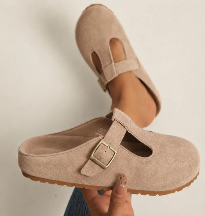 Women's suede T-strap clogs with metal buckle and open back