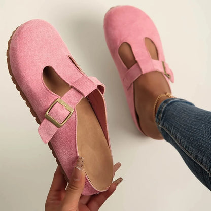 Women's suede T-strap clogs with metal buckle and open back