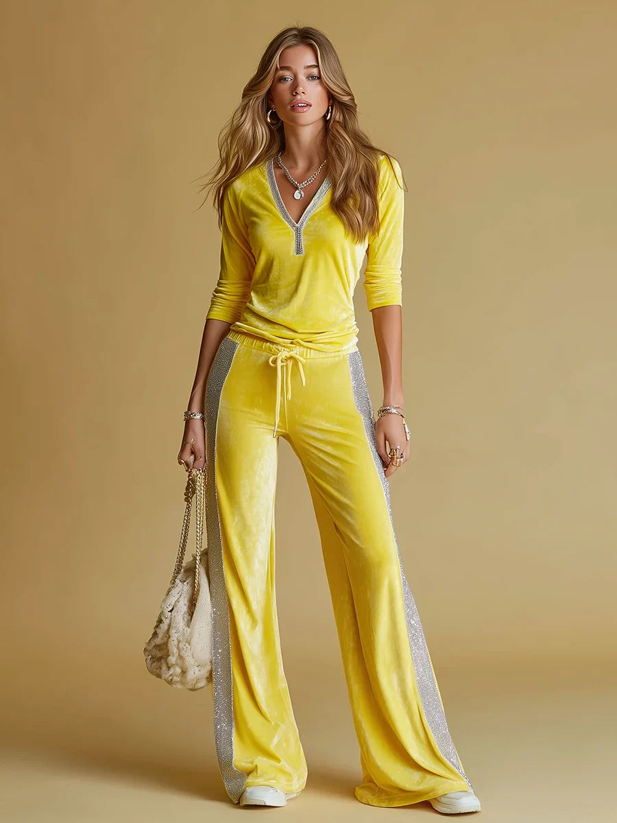 Women's velvet long sleeve matching set V-neck zip top wide-leg trousers – Yellow