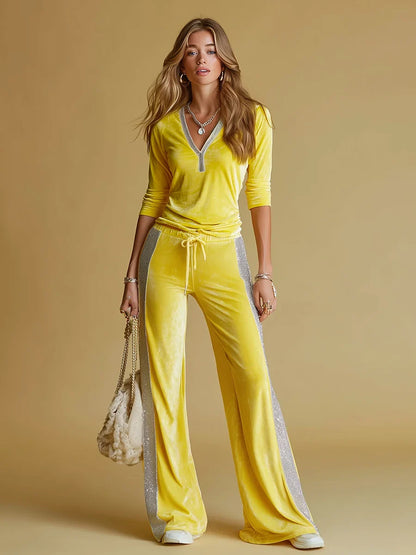 Women's velvet long sleeve matching set V-neck zip top wide-leg trousers – Yellow