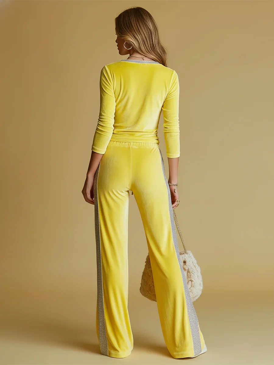 Women's velvet long sleeve matching set V-neck zip top wide-leg trousers – Yellow