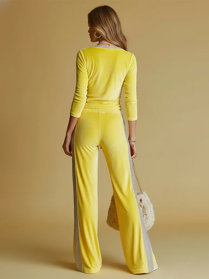Women's velvet long sleeve matching set V-neck zip top wide-leg trousers – Yellow