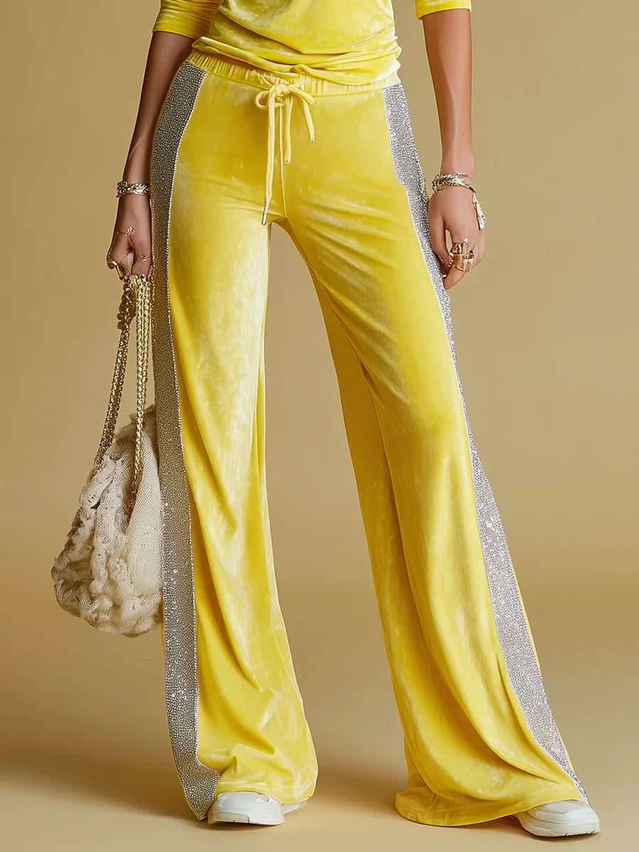 Women's velvet long sleeve matching set V-neck zip top wide-leg trousers – Yellow