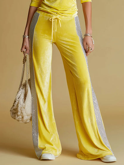 Women's velvet long sleeve matching set V-neck zip top wide-leg trousers – Yellow