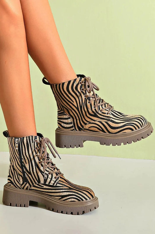 Women's zebra print chunky platform boots with lace-up and side zipper – Khaki