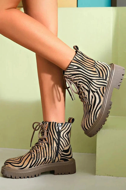 Women's zebra print chunky platform boots with lace-up and side zipper – Khaki