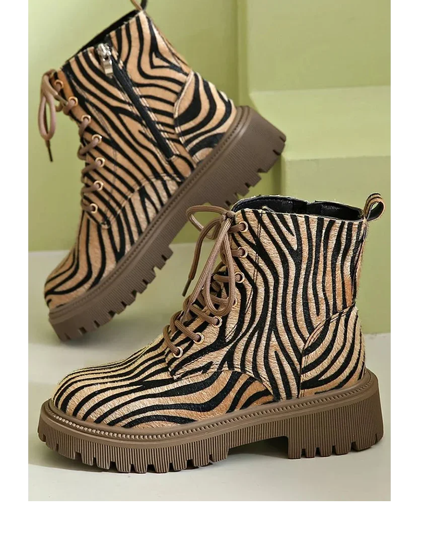 Women's zebra print chunky platform boots with lace-up and side zipper – Khaki