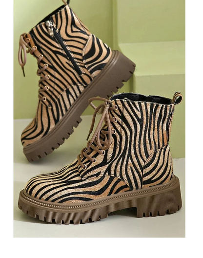 Women's zebra print chunky platform boots with lace-up and side zipper – Khaki