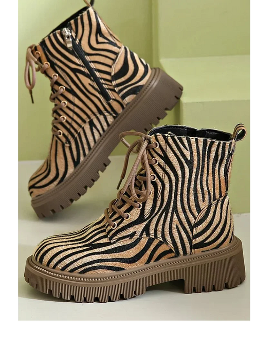 Women's zebra print chunky platform boots with lace-up and side zipper – Khaki