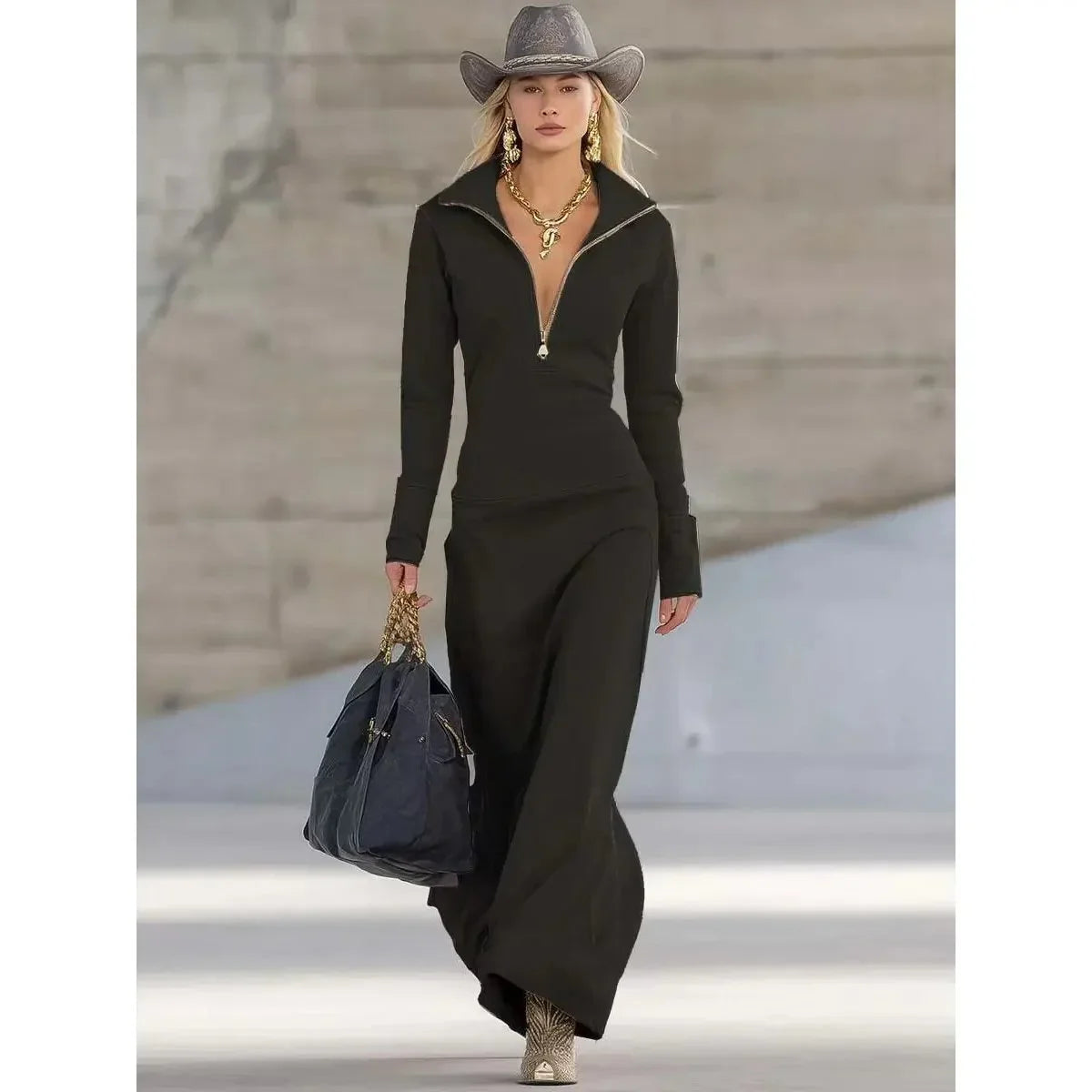 Women's zip-up collared maxi long sleeve dress – Black