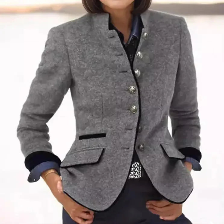 Women's wool blazer with contrast trim at the cuffs and edges – Gray