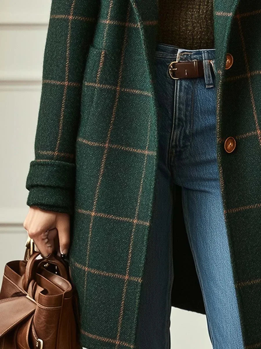 Women's wool-blend check coat with lapel collar
