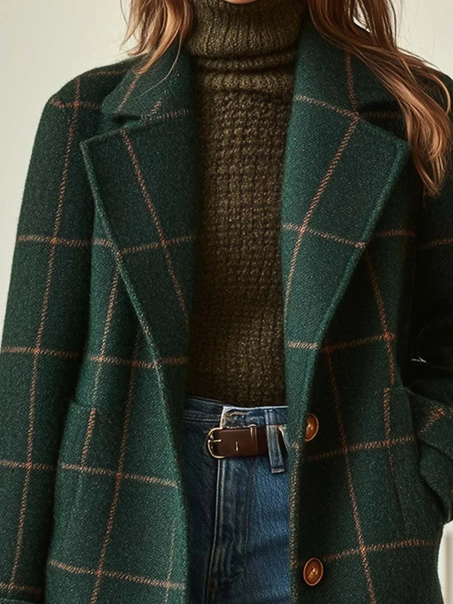 Women's wool-blend check coat with lapel collar