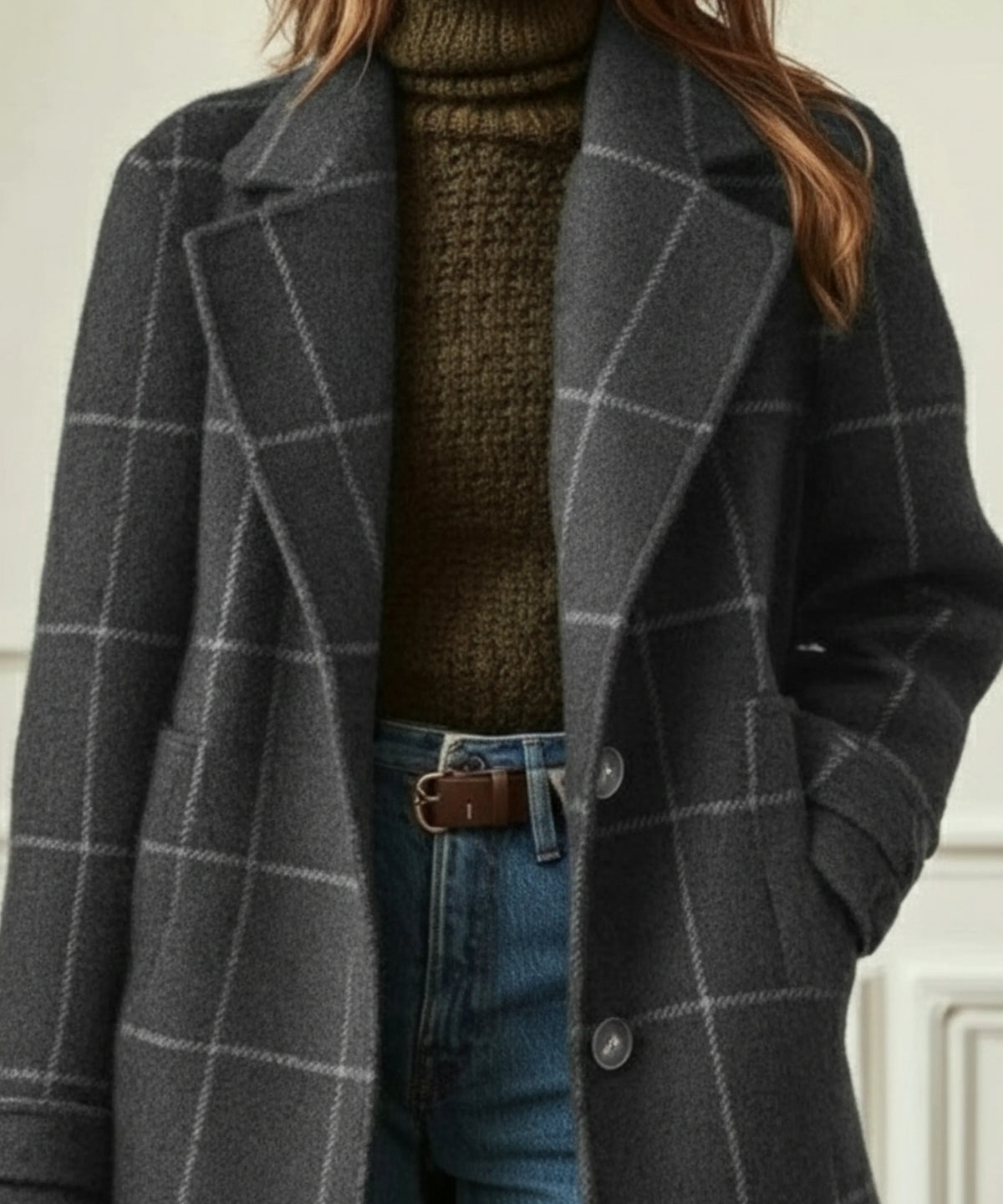 Women's wool-blend check coat with lapel collar