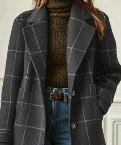 Women's wool-blend check coat with lapel collar