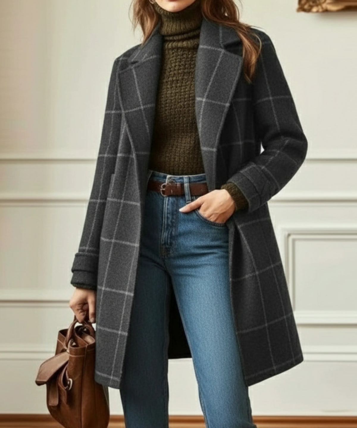 Women's wool-blend check coat with lapel collar – Grey
