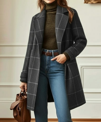 Women's wool-blend check coat with lapel collar – Grey