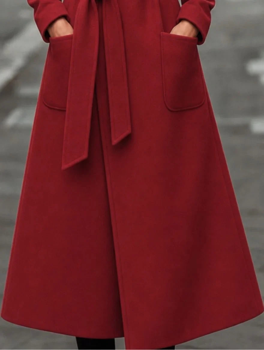 Women's belted maxi trench coat with notch collar – Red